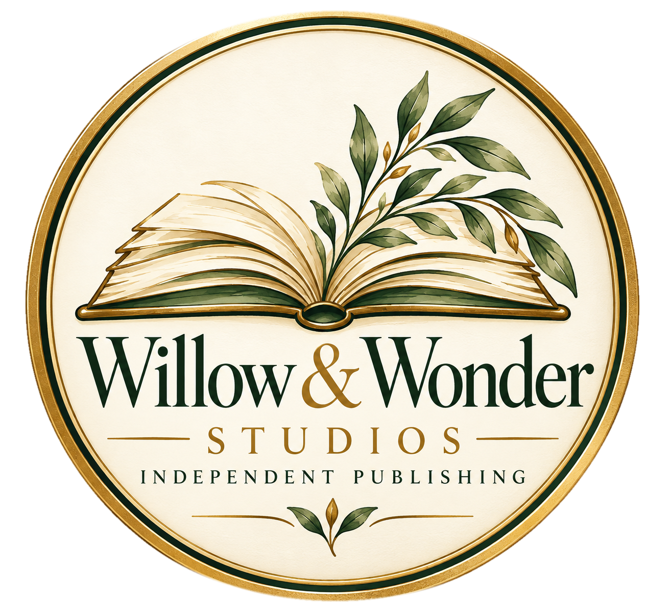 Willow & Wonder Studios independent publishing circular seal with open book and greenery