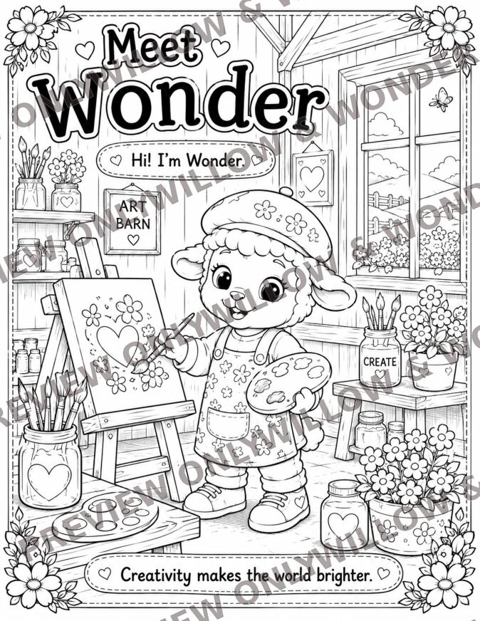 Watermarked coloring book preview: Meet Wonder in the art barn