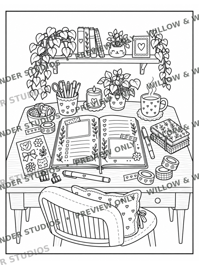 Original coloring book page 5: cozy planning desk with journal, stationery, and coffee
