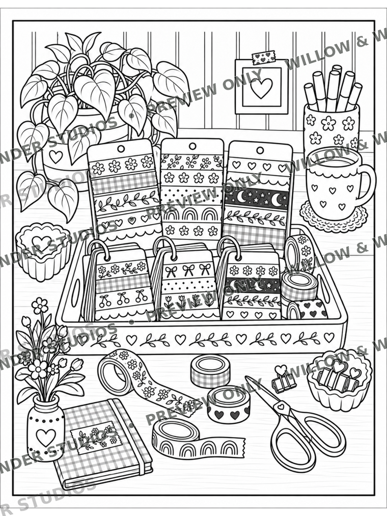 Original coloring book page 19: patterned washi tape rolls and stationery